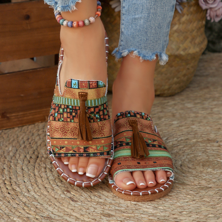 Aria | Damens Slide Sandaler Öppen Tå Fringed Bohemisk Platt