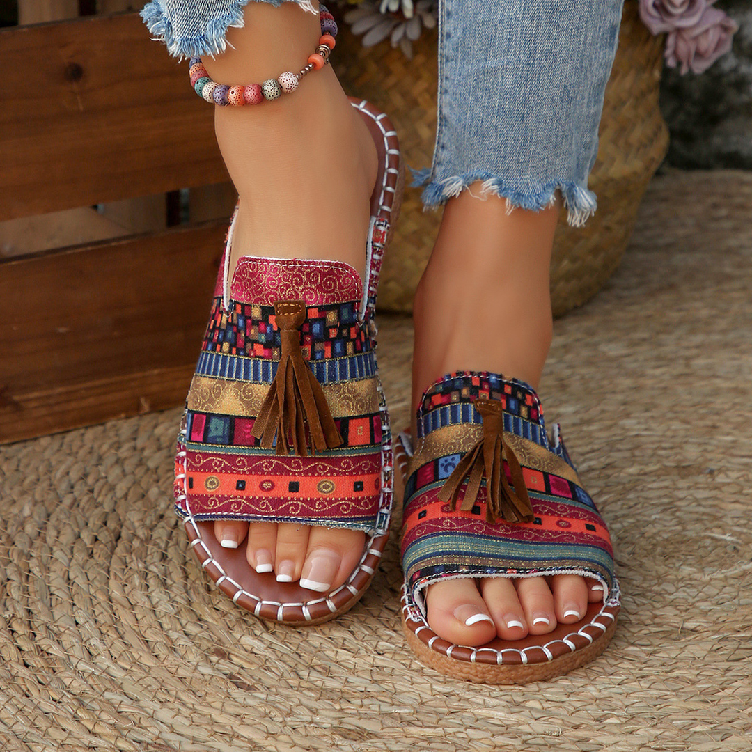 Aria | Damens Slide Sandaler Öppen Tå Fringed Bohemisk Platt
