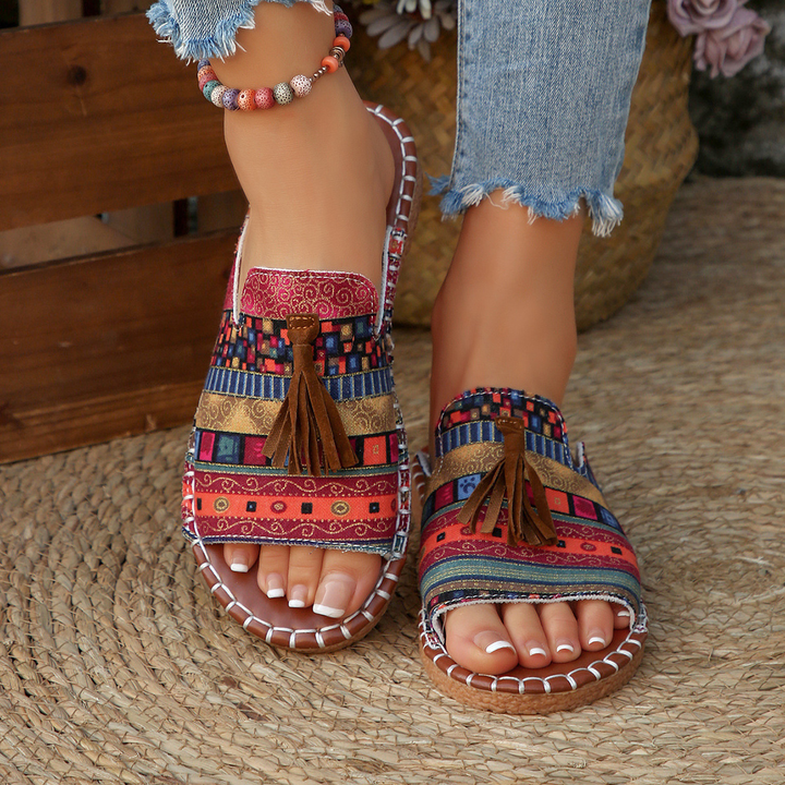 Aria | Damens Slide Sandaler Öppen Tå Fringed Bohemisk Platt