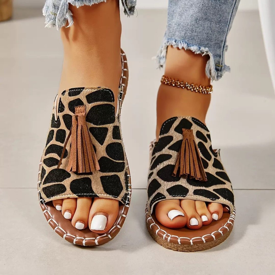 Aria | Damens Slide Sandaler Öppen Tå Fringed Bohemisk Platt