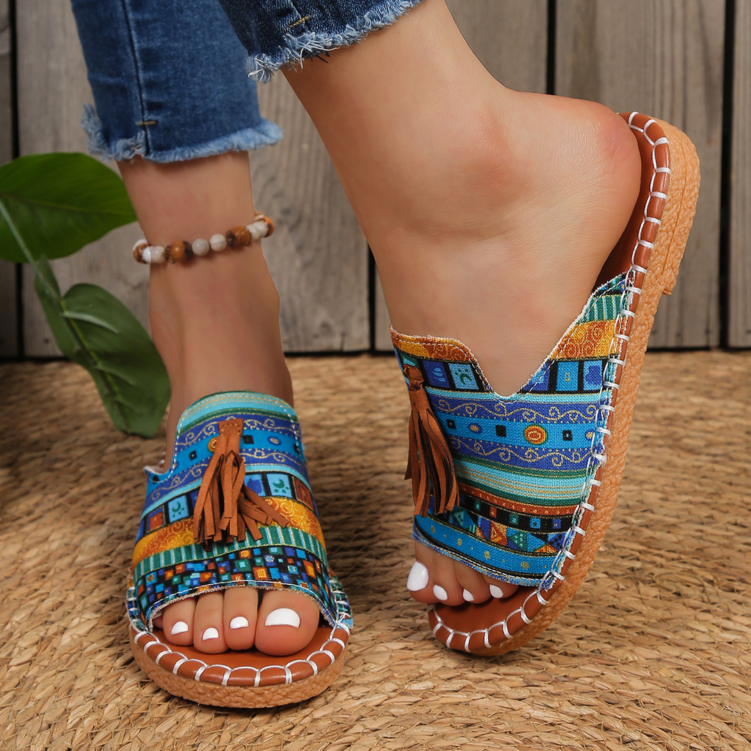 Aria | Damens Slide Sandaler Öppen Tå Fringed Bohemisk Platt