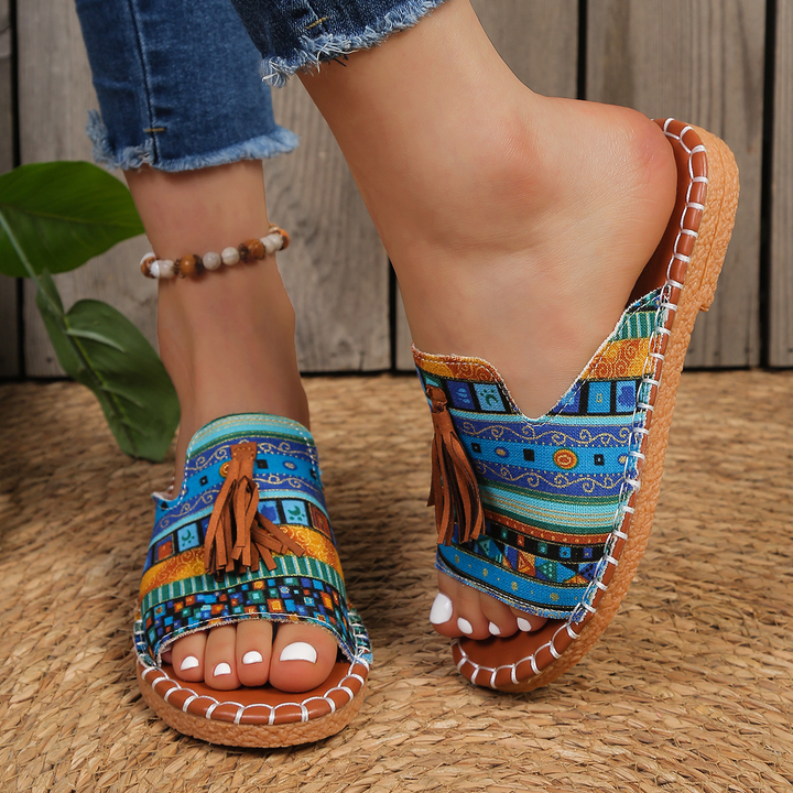 Aria | Damens Slide Sandaler Öppen Tå Fringed Bohemisk Platt