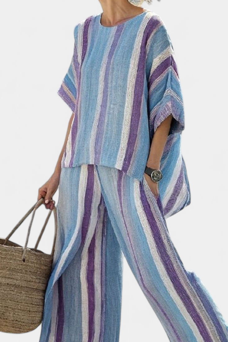 Faelith | Elegant Mauve Pastell Topp &amp; Randiga Linnebyxor