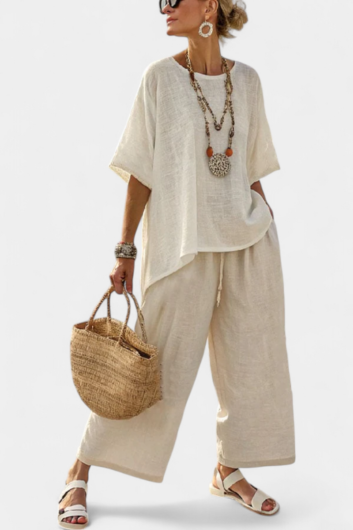 Drevon | Bekväm Minimalistisk Rå Blus &amp; Vida Byxor