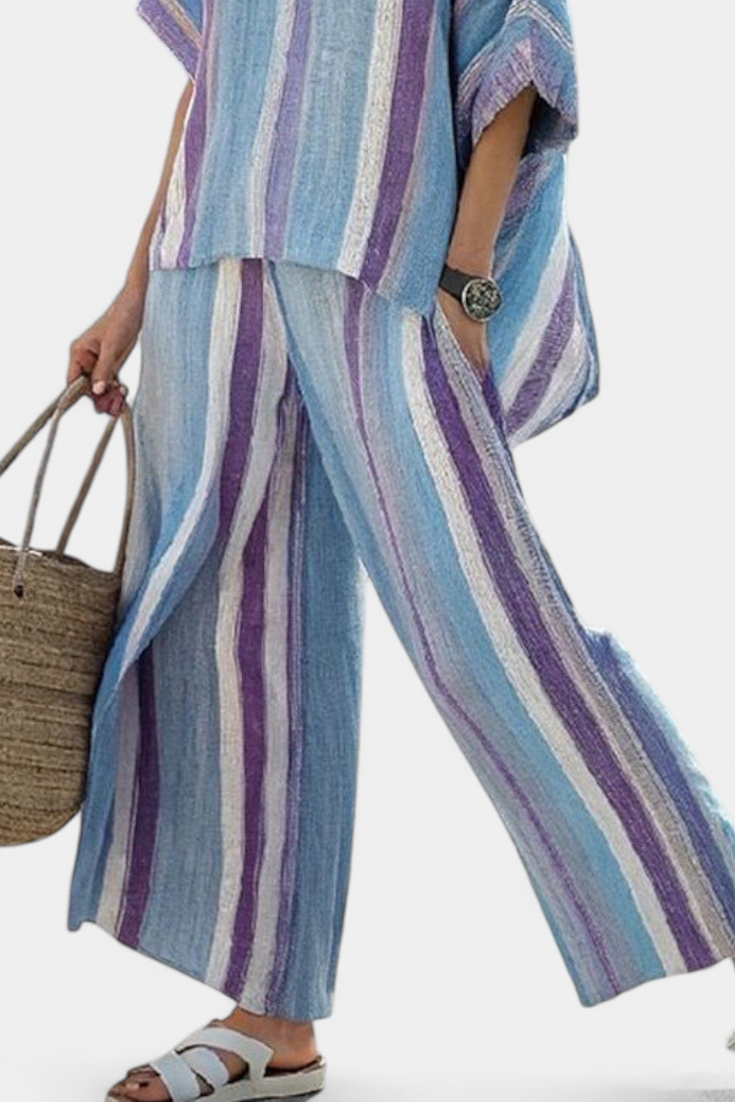 Faelith | Elegant Mauve Pastell Topp &amp; Randiga Linnebyxor
