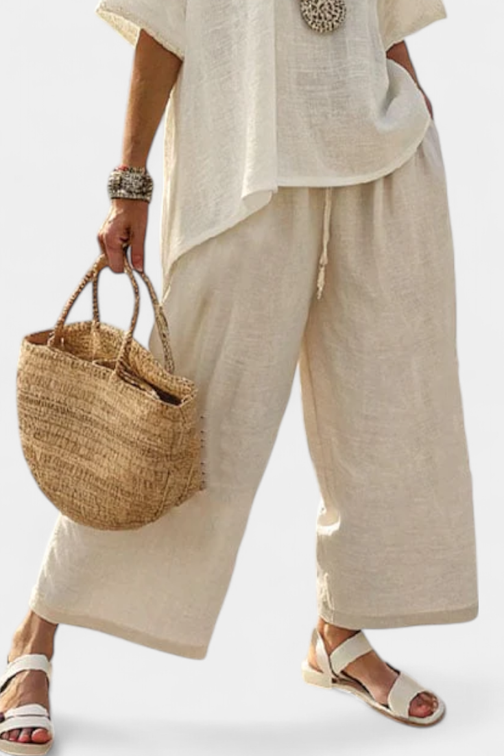 Drevon | Bekväm Minimalistisk Rå Blus &amp; Vida Byxor