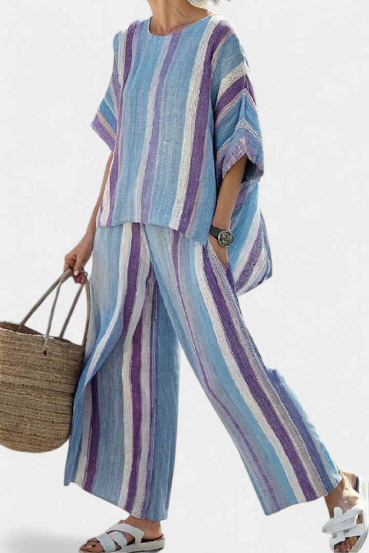 Faelith | Elegant Mauve Pastell Topp &amp; Randiga Linnebyxor