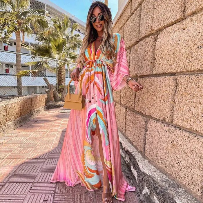 Mia | Maxi Klänning V-Hals Kimono Ärmar Abstrakt Tryck Slits