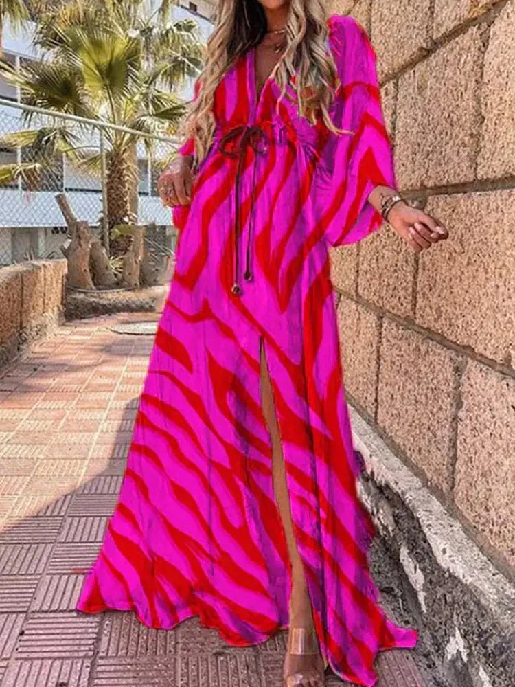 Mia | Maxi Klänning V-Hals Kimono Ärmar Abstrakt Tryck Slits