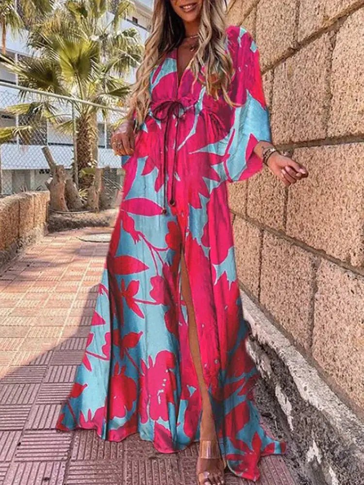 Mia | Maxi Klänning V-Hals Kimono Ärmar Abstrakt Tryck Slits