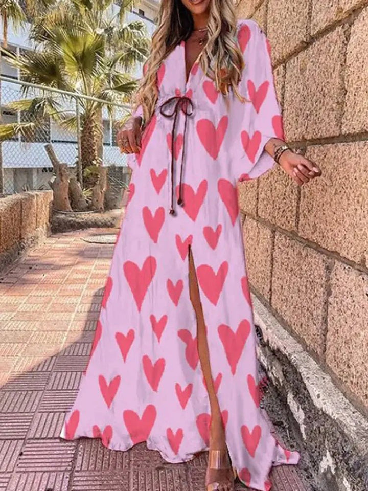 Mia | Maxi Klänning V-Hals Kimono Ärmar Abstrakt Tryck Slits