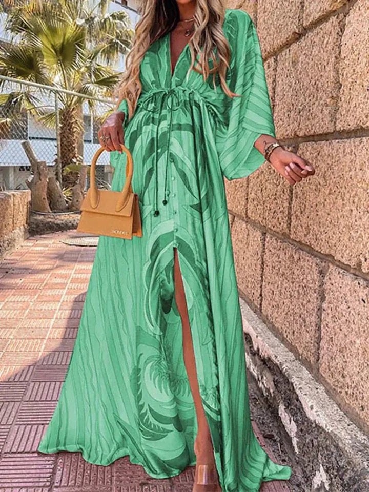Mia | Maxi Klänning V-Hals Kimono Ärmar Abstrakt Tryck Slits
