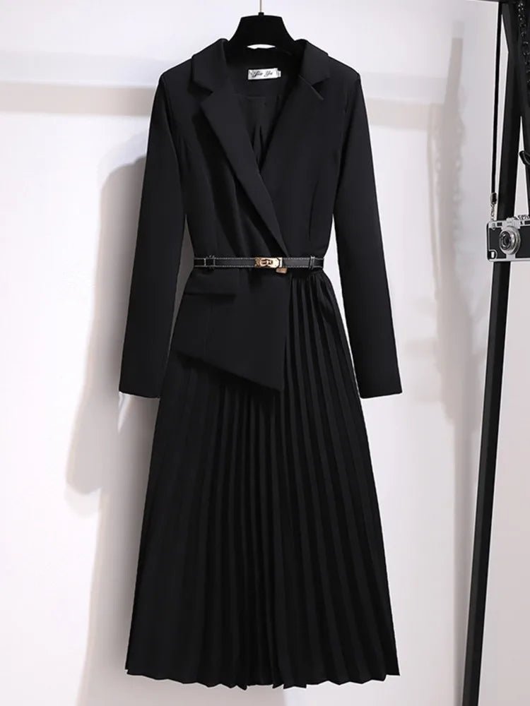 Grace | Midi Klänning Blazer Stil Med Bälte Plisserad