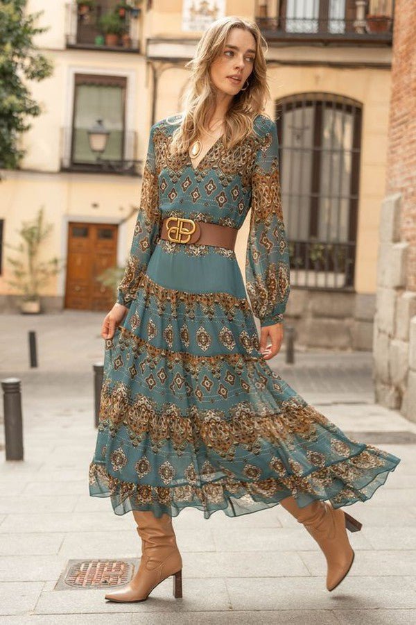 Evelyn | Midi Klänning Boho Medallion Tryck Puffärmar Tiered