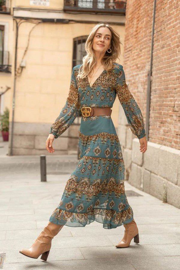Evelyn | Midi Klänning Boho Medallion Tryck Puffärmar Tiered