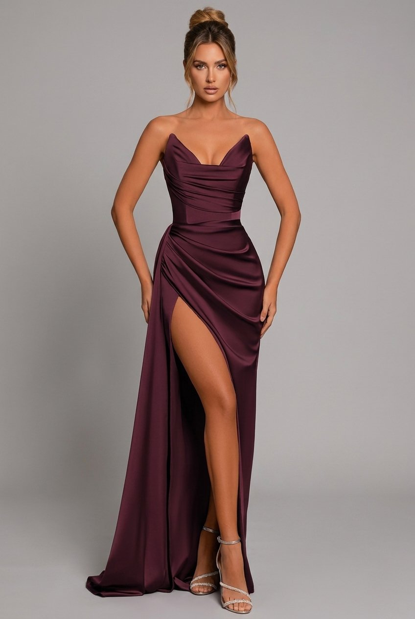 Charlotte | Satin Maxi Klänning Rynkad Hjärtformad Slits