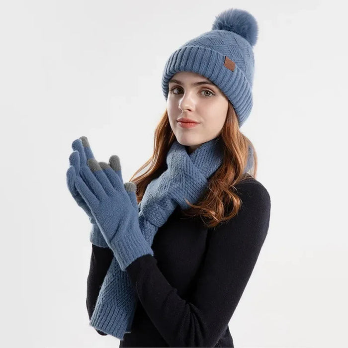 Dam Stickad Mössa Set med Pompom Halsduk och Vantar