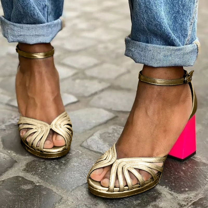 Evelyn | Kvinno Blockklack Sandaler Öppen Tå Ankelrem Flera Remmar