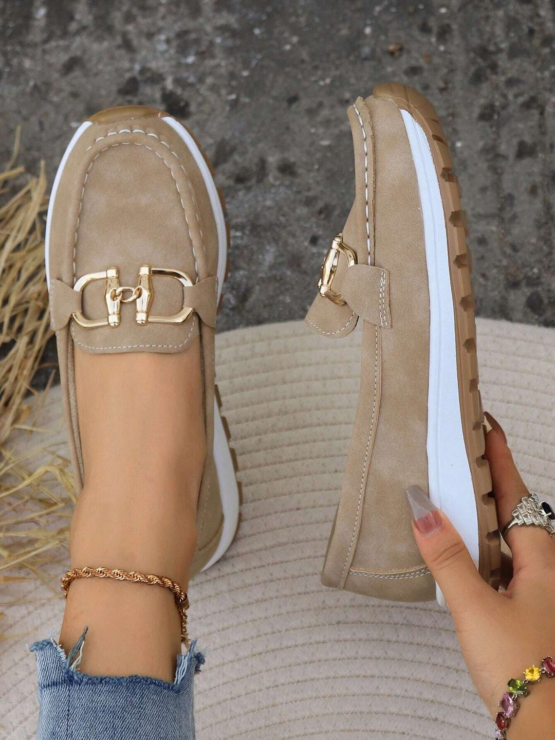 Emma | Damens Platta Loafers Slip-On Spänne Komfort Gångskor