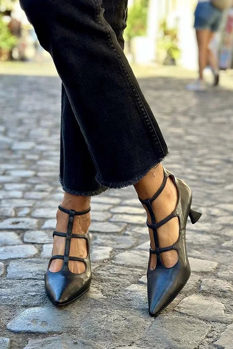 Olivia | Damers Spetsiga Pumps med Remmar och Låg Blockklack