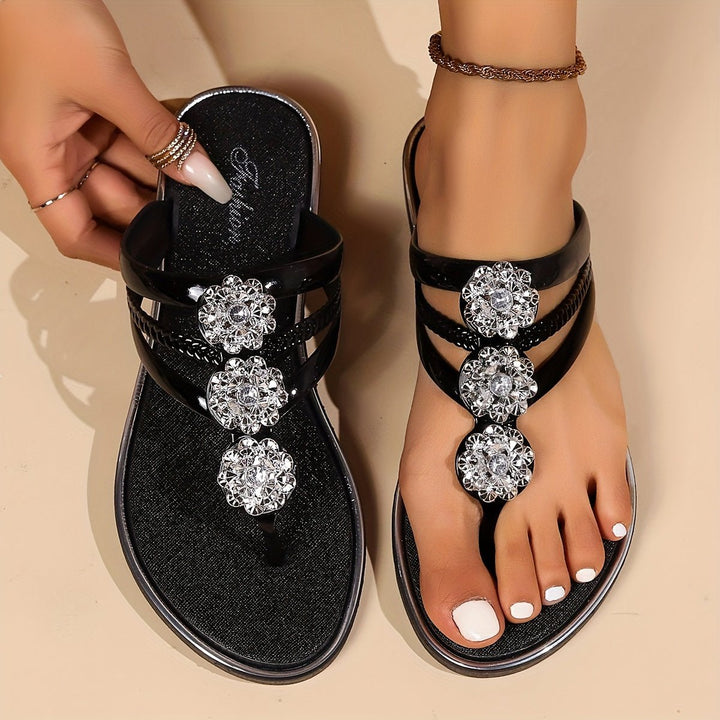 Harper | Dam Rhinestone T-Strap Platta Sandaler Slip-On
