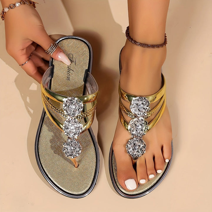 Harper | Dam Rhinestone T-Strap Platta Sandaler Slip-On