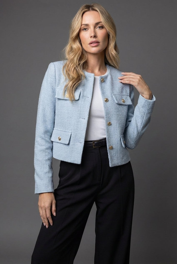 Victoria | Dam Tweed Cropped Blazer Rund Hals Guldknappar