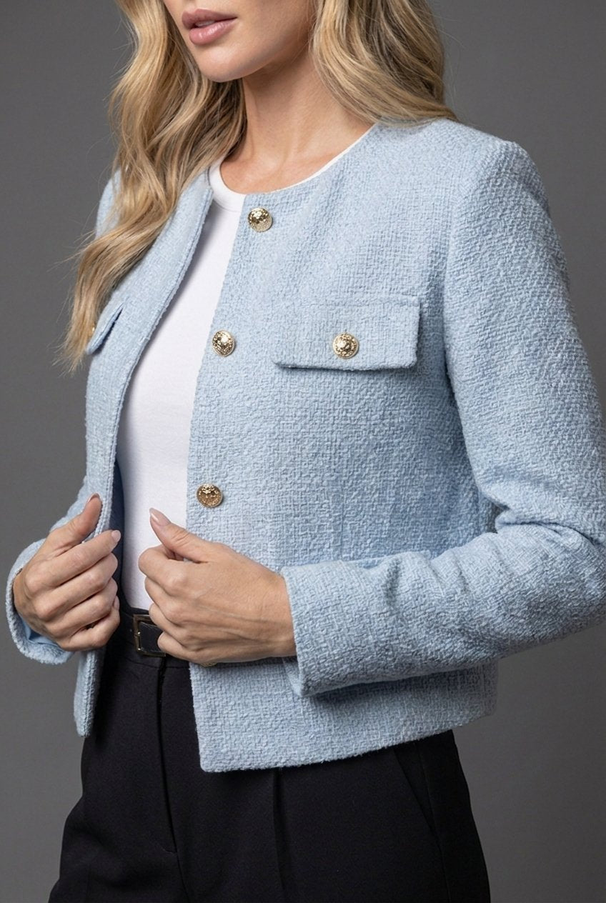 Victoria | Dam Tweed Cropped Blazer Rund Hals Guldknappar
